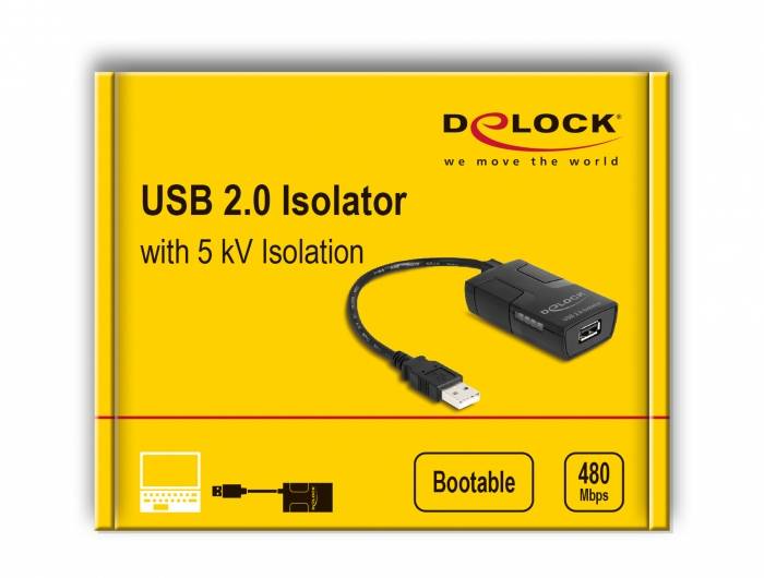 Gelbe Verpackung eines USB 2.0 Isolators von Delock. Text: 'USB 2.0 Isolator mit 5 kV Isolation', Abbildungen zeigen Gerät und Symbole.