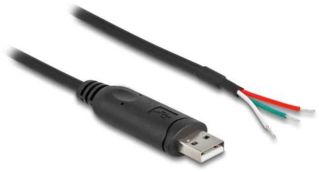 Abgetrennter USB-Kabel mit schwarzer Kunststoffummantelung; vier freiliegende Drähte in Rot, Weiß, Grün, und Schwarz am abgeschnittenen Ende.