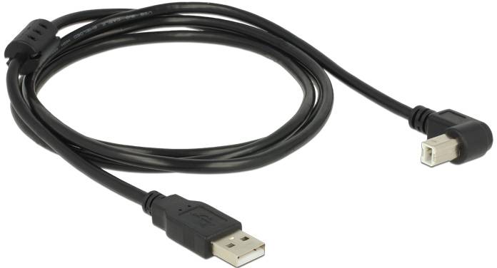Ein schwarzes USB-Kabel mit einem Standard-USB-Stecker an einem Ende und einem rechtwinkligen USB-B-Stecker am anderen Ende.