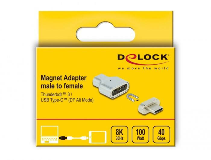 Verpackung eines Magnetadapters von männlich auf weiblich, kompatibel mit Thunderbolt 3 und USB Type-C. Unterstützt 8K, 100 Watt, 40 Gbps.