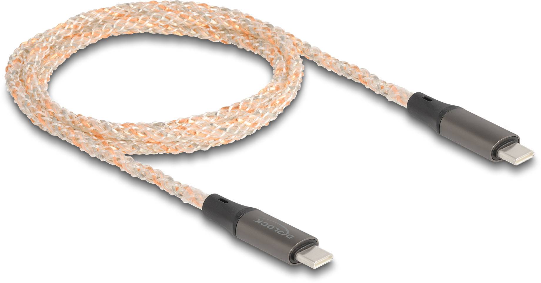 Ein geflochtenes USB-C-auf-Lightning-Kabel in hellem Orange. Geeignet für Datenübertragung und Laden von Mobilgeräten.