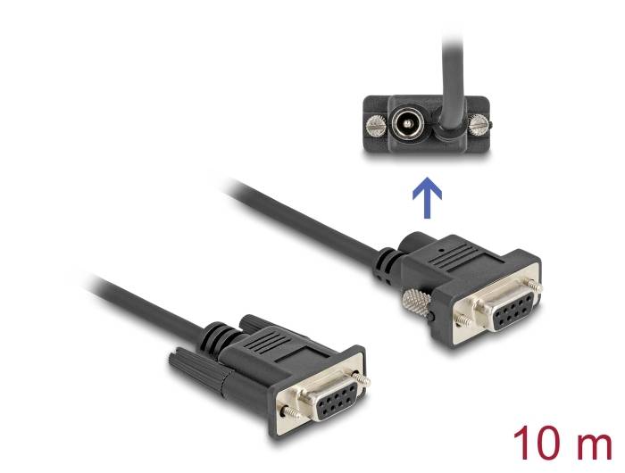 Zwei schwarze serielle RS-232-Kabel mit männlichen Steckern und Rändelschrauben. Länge 10 Meter, abgebildet mit Steckeransicht.