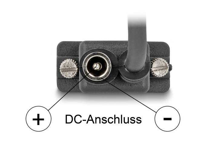 'DC-Anschluss' mit '+' und '-' markiert; zeigt Polarität des Steckers für richtige Geräteverbindung.