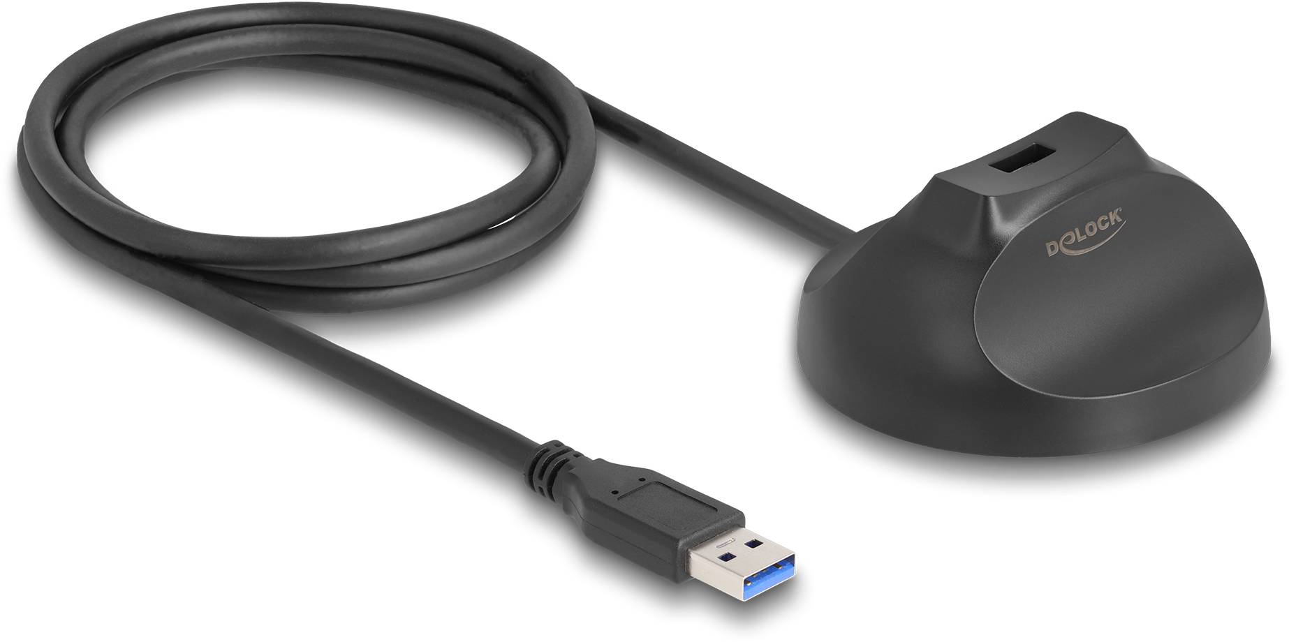 USB-Kartenlesegerät mit schwarzem Gehäuse und langem Kabel. Geeignet für den Anschluss an Computer oder andere Geräte zur Datenübertragung.