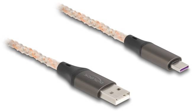 Ein USB-Kabel mit einem USB-A-Stecker auf der einen Seite und einem USB-C-Stecker auf der anderen Seite, beide Enden sind schwarz.