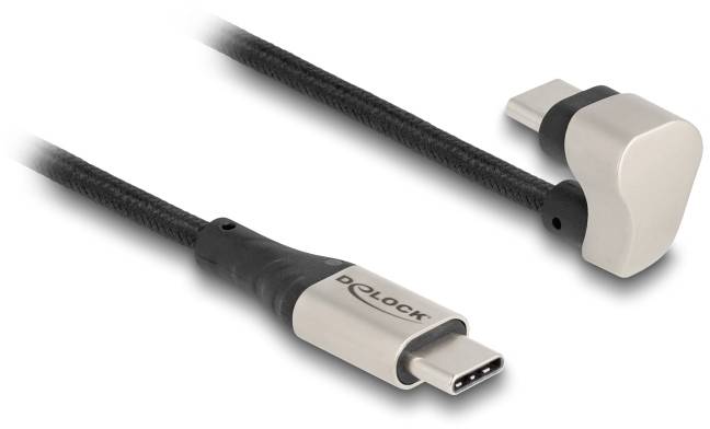 USB-C-Kabel mit gewinkeltem Stecker in Schwarz und Grau. Geeignet für schnelles Laden und Datenübertragung.