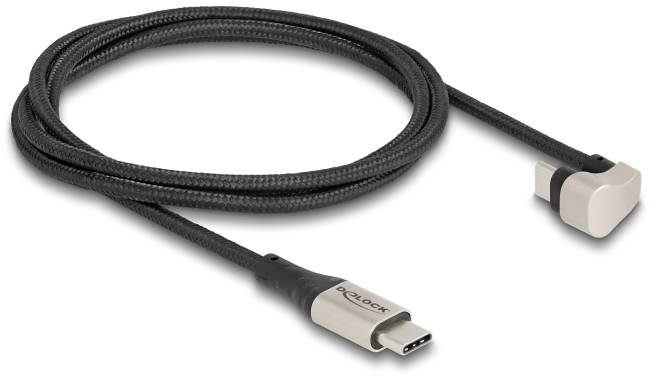 Ein schwarzes USB-C-Kabel mit einem Winkelstecker auf der einen Seite und einem geraden Stecker auf der anderen Seite.