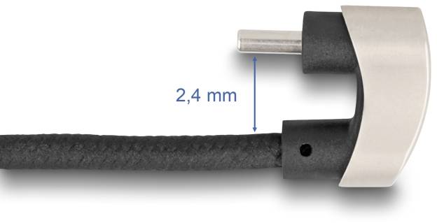 Stecker mit 2,4 mm Anschlussdurchmesser, an schwarzem Kabel befestigt.