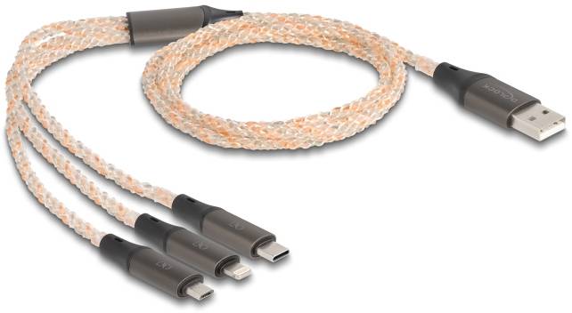 Geflochtenes USB-Kabel mit einem Stecker zu drei USB-Typ-C-Anschlüssen.