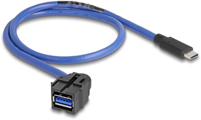 Ein blaues, koaxiales USB-Kabel mit einem USB-C-Stecker an einem Ende und einem gummierten USB-Anschluss am anderen Ende.