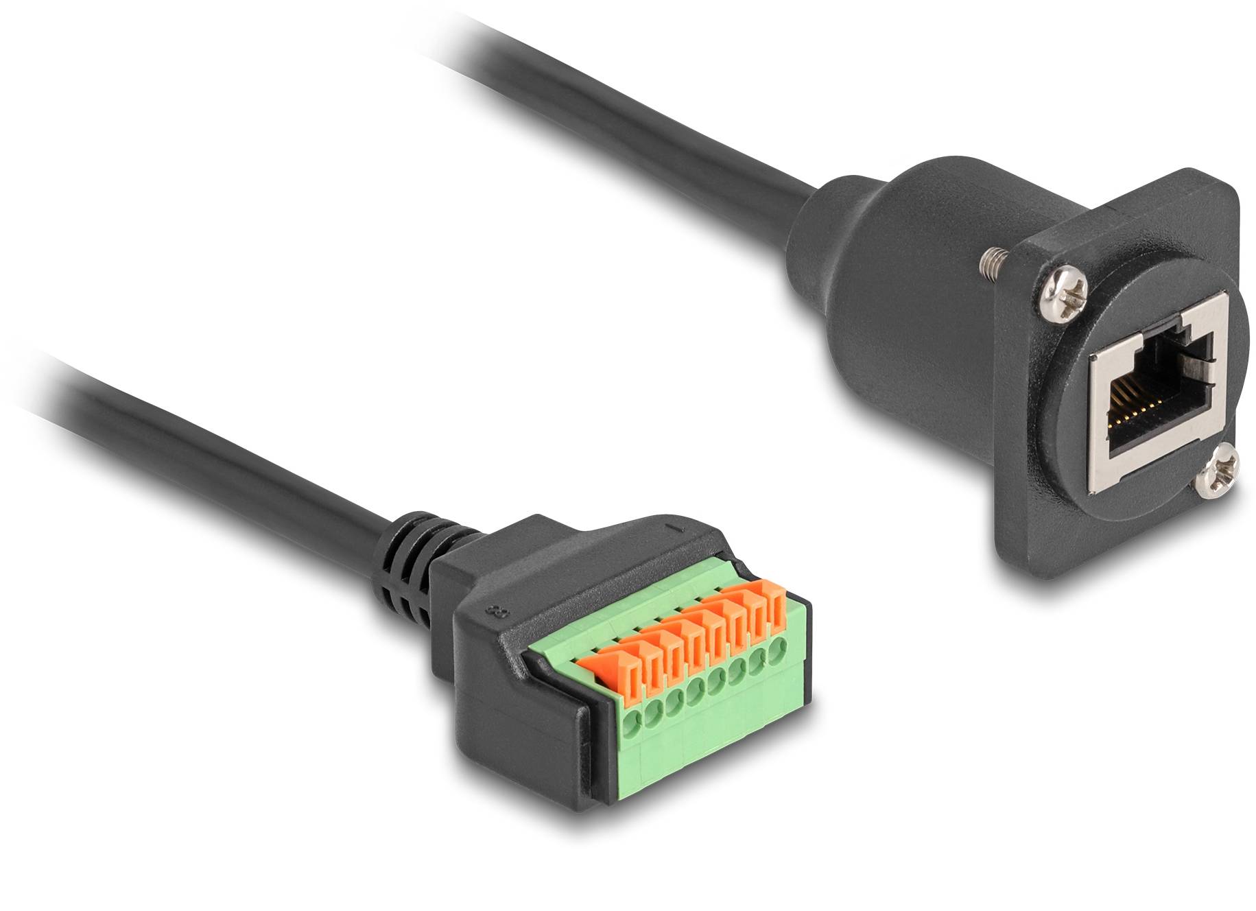 RJ45-Netzwerkkabeladapter neben einem Schraubklemmenblock-Adapter mit farblich kodierten Anschlüssen zum Verbinden von Netzwerkkabeln.