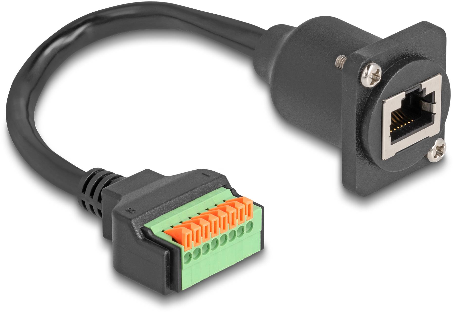 Ein Adapterkabel mit einer Ethernet-Buchse auf der rechten Seite und Anschlussklemmen auf der linken Seite für elektrische Verbindungen.