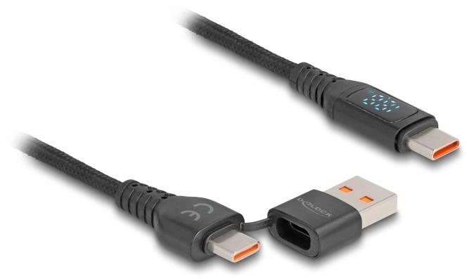 Zwei schwarze USB-Kabel mit orangefarbenen Innenseiten und USB-C-Anschlüssen, verbunden durch einen Adapter.