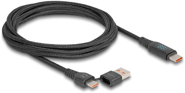 Schwarzes geflochtenes USB-Kabel mit USB-A- und USB-C-Steckern an den Enden, geeignet für Datenübertragung und Laden.