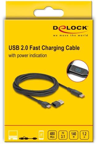 USB 2.0 Schnellladekabel von Delock mit Anzeige der Leistung. Unterstützt 480 Mbps, Power Delivery 3.1, 140 W, 1,2 m Länge.