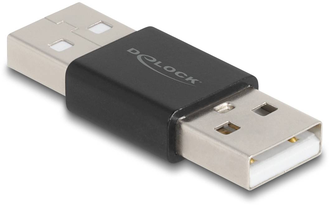 Schwarzer USB-Adapter mit der Aufschrift 'DELOCK'. Adapter hat einen männlichen USB-Anschluss auf beiden Seiten.