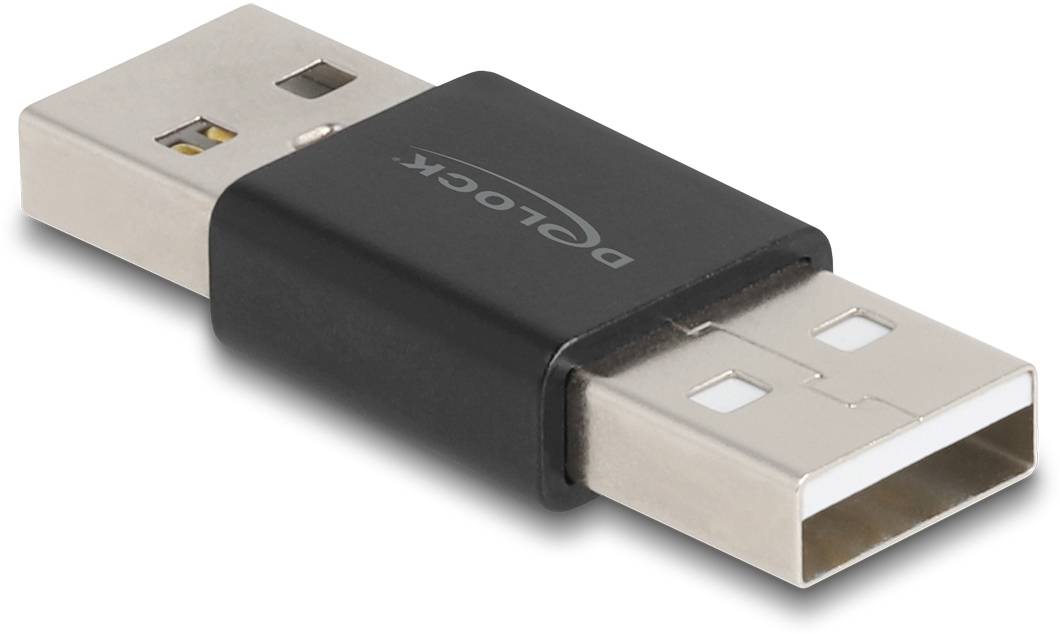 Ein USB-Verlängerungsadapter in Schwarz mit silbernen Anschlüssen, geeignet zur Verbindung zweier USB-Kabel.