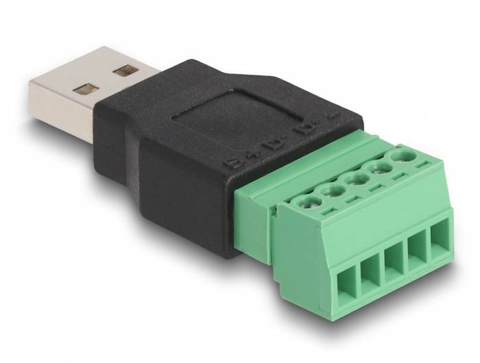 Ein Adapter mit einem USB-Stecker auf der einen Seite und einem grünen Klemmblock für Drahtanschlüsse auf der anderen Seite.