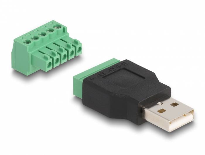 'USB zu Schraubklemmen Adapter': Ein schwarzer USB-Stecker mit grünem Terminalblock für Kabelverbindungen, getrennt gezeigt.