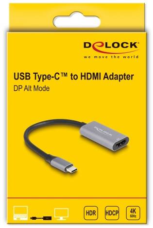 'Delock USB Type-C zu HDMI Adapter, DP Alt Mode, unterstützt HDR, HDCP, 4K 60 Hz.' Gelbe Verpackung mit Bild des Adapters.