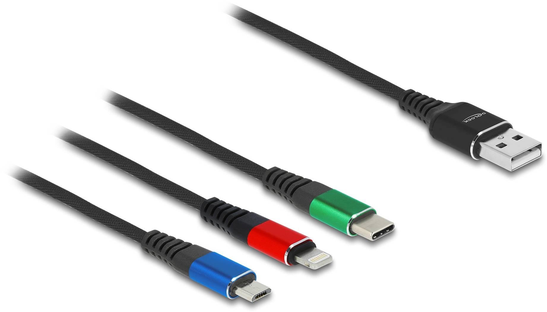 Diverse Kabelarten mit USB- und anderen Anschlüssen auf weißem Hintergrund. Unterschiedliche Farben kennzeichnen die Kabeltypen.