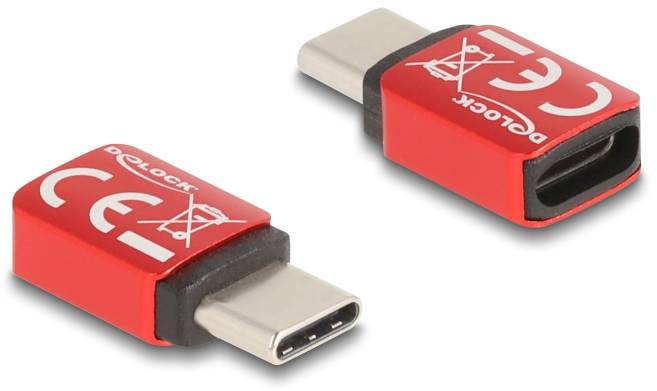 Ein roter USB-C Adapter von Delock mit CE-Kennzeichnung, zeigt zwei Perspektiven: eine zeigt den Eingang, die andere den Stecker.