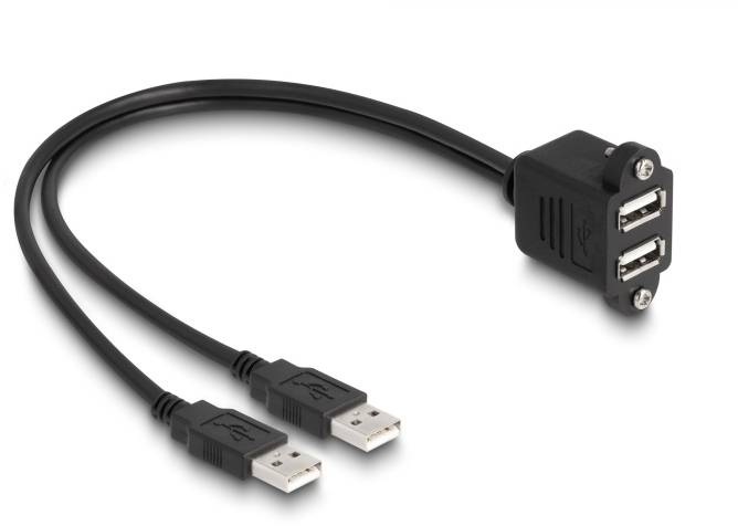 Zwei USB-A-Stecker auf ein Dual-USB-A-Buchsen-Kabeladapter, schwarz, zum gleichzeitigen Anschluss mehrerer Geräte an eine USB-Schnittstelle.