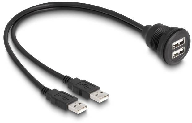 USB-Verlängerungskabel mit zwei USB-Anschlüssen an einem Ende und einem Rundgehäuse am anderen Ende, für den Einsatz in Fahrzeugen.