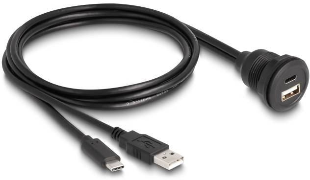 Ein schwarzes USB-Kabel mit drei unterschiedlichen Steckertypen: USB-A, USB-C und ein Buchsenschnittstelle für den Einbau.