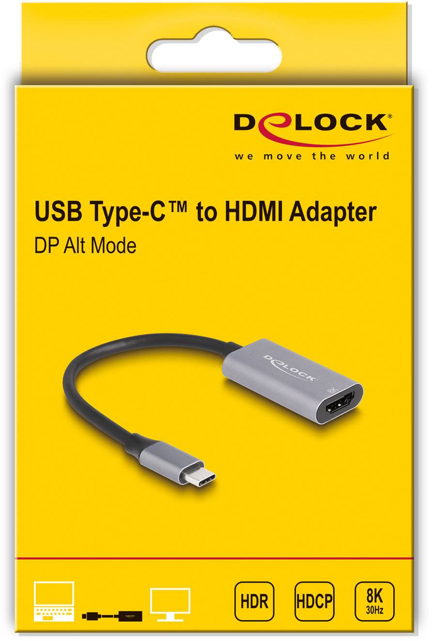 Gelbe Verpackung eines Delock USB Type-C auf HDMI Adapters, unterstützt DP Alt Mode, HDR, HDCP, 8K bei 30 Hz.