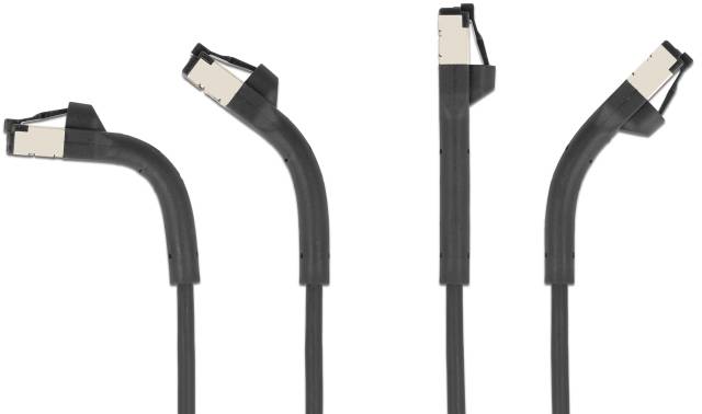 Vier schwarze, abgewinkelte Ethernet-Kabel mit RJ45-Steckern, die in verschiedenen Winkeln angeordnet sind.