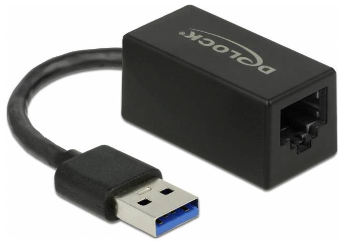 'Delock USB-3.0-zu-Gigabit-Ethernet-Adapter' vor weißem Hintergrund. Adapter hat einen USB-Stecker und eine Ethernet-Buchse.