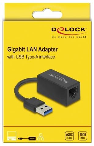Gelbe Verpackung eines Gigabit LAN Adapters mit USB Type-A Anschluss. Markenname und Spezifikationen wie 1000 Mbps sind sichtbar.