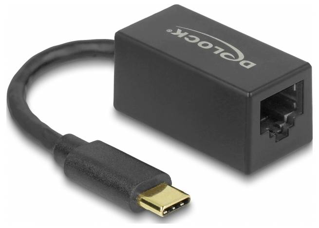 Ein USB-C-zu-Ethernet-Adapter in Schwarz, ermöglicht die Verbindung von Geräten mit einem USB-C-Port zum Internet über Ethernet-Kabel.