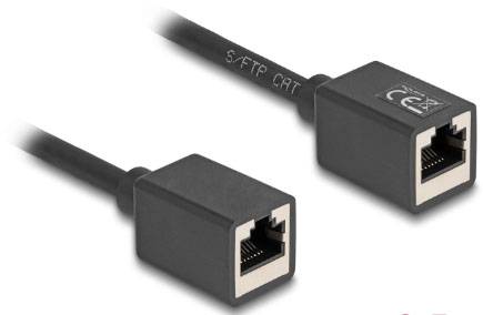 Zwei schwarz ummantelte Ethernet-Kupplungen, jeweils mit RJ45-Anschlüssen. Kabelbeschriftung 'S/FTP CAT'.