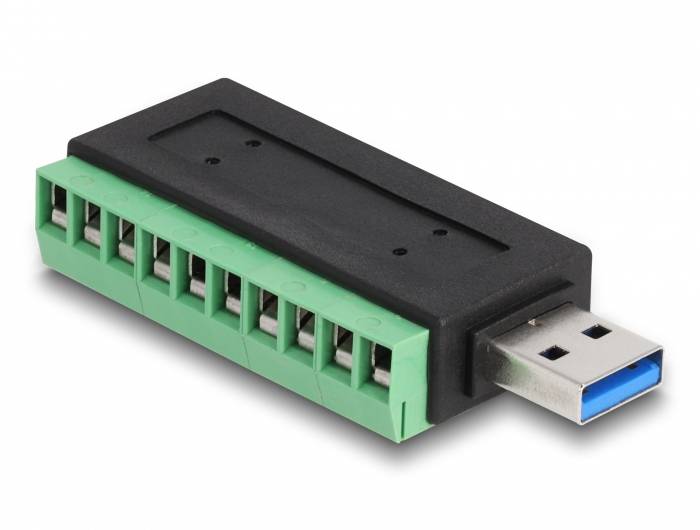 Ein schwarzer Adapter mit USB 3.0-Anschluss und grünen Terminal Block Connector. Verwendet zur Verbindung von Geräten mit seriellen Schnittstellen.