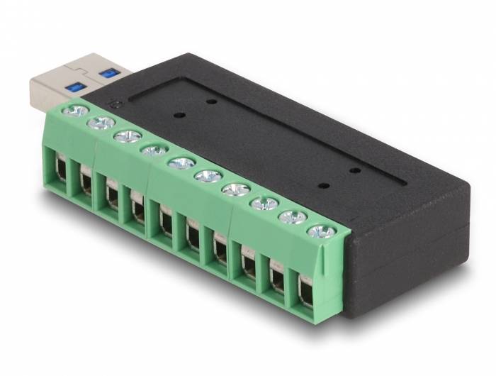 Ein schwarzer USB-Adapter mit grüner Klemmenleiste für elektrische Anschlüsse, ideal zur Verbindung elektronischer Komponenten mit einem Computer.