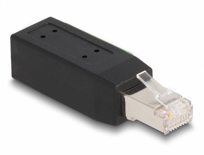 Ein schwarzer RJ45-Adapter mit transparentem Stecker, verwendet zur Verbindung von Netzwerkkabeln in Computernetzwerken.