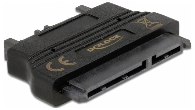'Delock'-Adapter mit SATA-Laufwerk-Anschluss. Kompakt, schwarz, mit CE-Kennzeichnung. Anschluss für Datenübertragung.