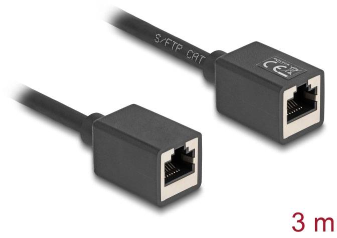 Netzwerkkabel, S-FTP CAT 6, 3 Meter, schwarz, mit CE-Kennzeichnung, jeweils ein RJ45-Stecker an beiden Enden.