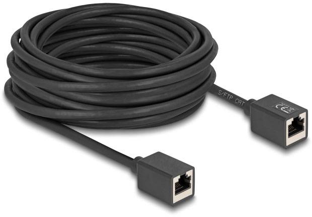 Netzwerkkabel, schwarz, gewickelt, mit RJ45-Steckern an beiden Enden, geeignet für Ethernet-Verbindungen.