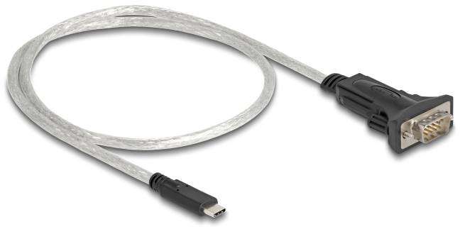 Ein USB-zu-RS232-Adapterkabel mit transparentem Kabelmantel, schwarzem USB-C-Stecker und schwarzem RS232-Stecker.