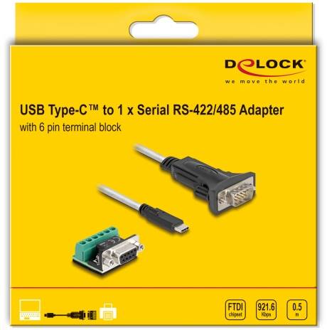 'USB Type-C zu 1 x Seriell RS-422/485 Adapter' Verpackung von Delock. Enthält Abbildungen des Adapters, des Steckers und eines Anschlussblocks.