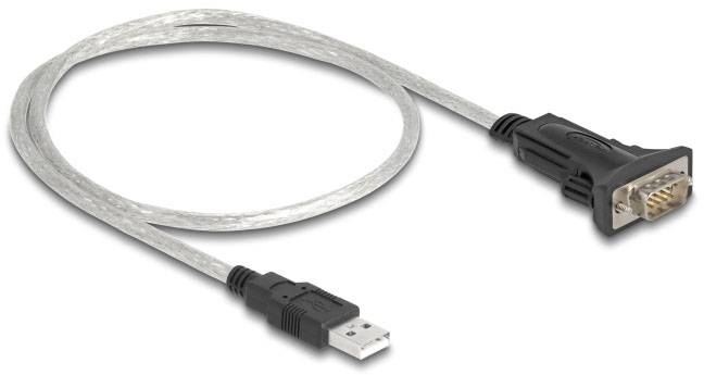 USB-zu-RS232-Adapter, silbernes Kabel mit schwarzem USB- und RS232-Anschluss, dient zur Umwandlung von USB-Signalen in serielle Signale.