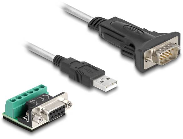 Kabel mit USB- und RS232-Steckern, verbunden mit einem grünen Terminalblockadapter. Verwendet zur Konvertierung von Schnittstellen.