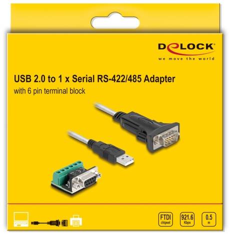 Die Verpackung zeigt einen USB 2.0 zu 1 x Serial RS-422/485 Adapter mit 6-Pin-Terminalblock, Produktname und Spezifikationen.