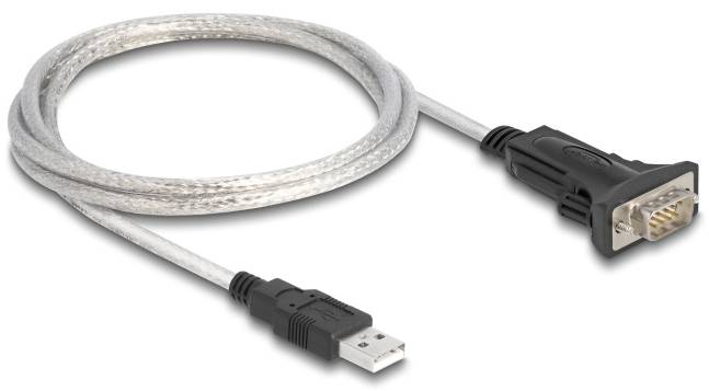 Ein USB-zu-Seriell-Adapterkabel mit silbernem Geflecht und schwarzen Anschlusssteckern, das Computer mit älteren Geräten verbindet.