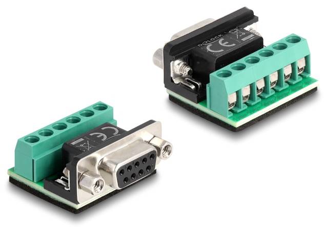 Ein Adapter mit einer DB9-Buchse und einem grünen Schraubklemmenblock, geeignet für die Verbindung oder Anpassung von Kabeln.
