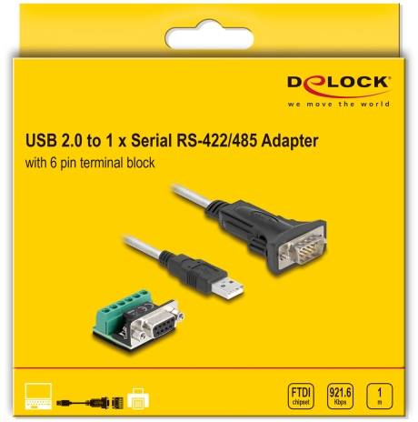 'DELOCK USB 2.0 auf RS-422/485 Adapter mit 6-poligem Terminalblock' auf gelber Verpackung abgebildet mit Kabel- und Steckerillustration.