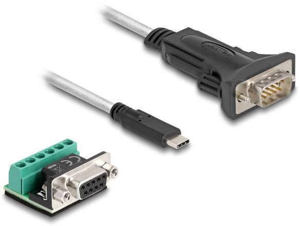 Ein USB-C-zu-RS232-Adapterkabel und eine RS232-Anschlussplatine liegen auf weißem Hintergrund.